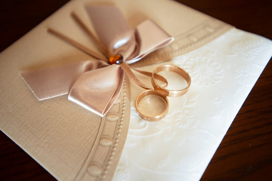 a wedding invitation with wedding rings
