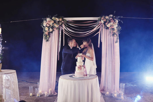 newly weds serving each other their wedding cake